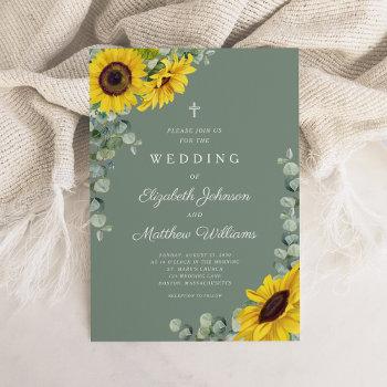 religious sage green floral sunflower wedding invitation