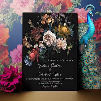 rembrandt floral dark moody wedding monogram invitation