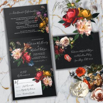 rembrandt floral dark & moody wedding tri-fold invitation