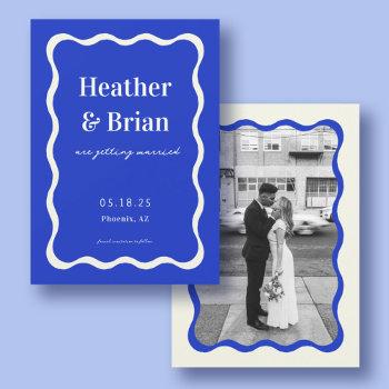 Small Retro Blue Wavy Squiggle Photo Wedding Save The Date Front View