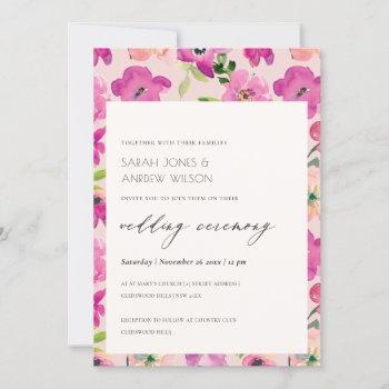 retro bright pink fun watercolor floral wedding invitation