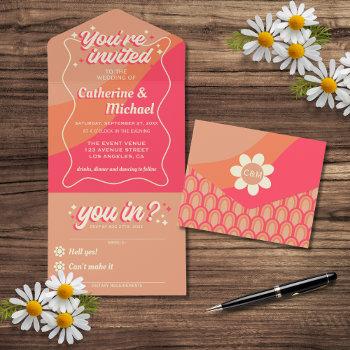 retro groovy bold typography colorful 70's wedding all in one invitation