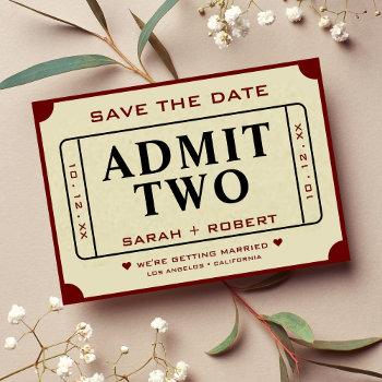 Small Retro Movie Ticket Stub Admit Two Wedding Save The Date Front View