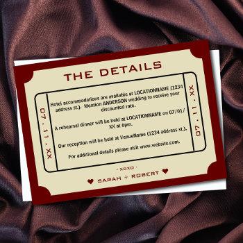 Small Retro Movie Ticket Wedding Details Enclosure Card Front View