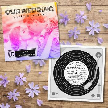 retro photo vinyl record music player wedding  invitation