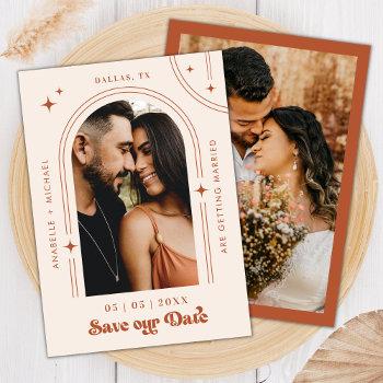 Small Retro Script Boho Arch Photo Terracotta Wedding Save The Date Front View
