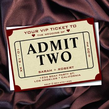 retro theater movie ticket stub admit two wedding invitation