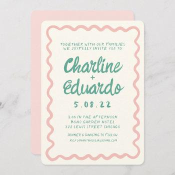 retro wavy pink and green handwriting wedding  invitation