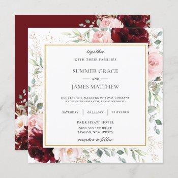 rich burgundy blush pink floral wedding square  invitation