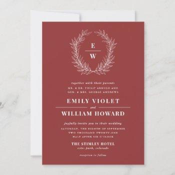 rich red wreath monogram wedding invitation