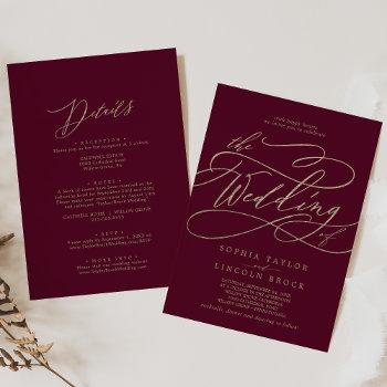 romantic burgundy calligraphy front & back wedding invitation