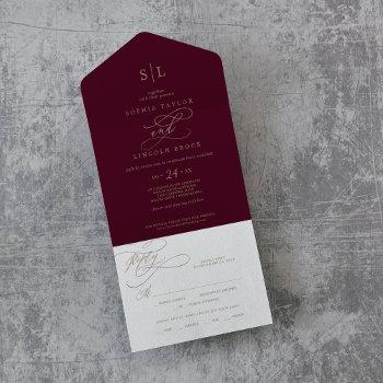 romantic burgundy calligraphy monogram wedding all all in one invitation