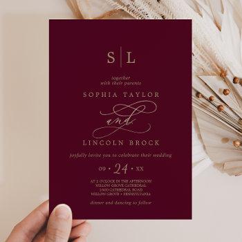 romantic burgundy calligraphy monogram wedding invitation