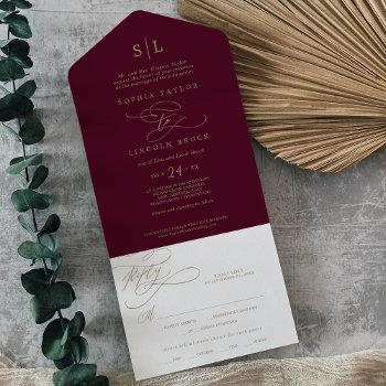 romantic burgundy monogram traditional wedding all in one invitation
