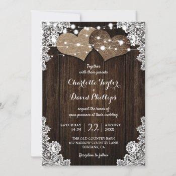 romantic burlap and lace string lights wedding invitation