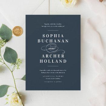 romantic calligraphy navy blue elegant wedding invitation