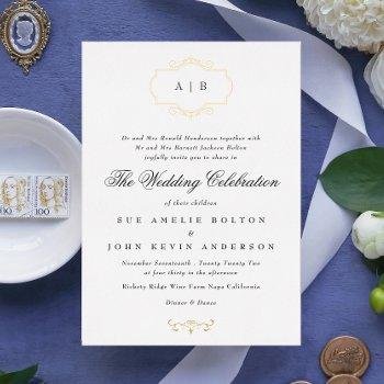 romantic classic real gold framed monogram wedding foil invitation