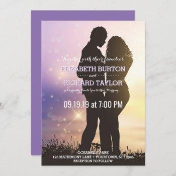 romantic couple beach wedding purple invitation