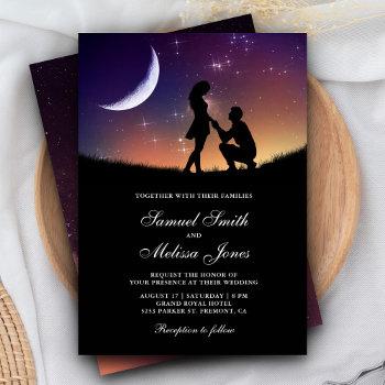 romantic couple crescent moon and stars wedding invitation