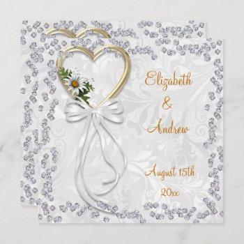 romantic daisy, diamonds & white ribbon wedding invitation