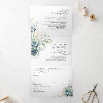 romantic elegant gold succulents greenery wedding  tri-fold invitation