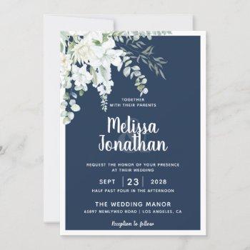 romantic floral white gentle flowers blue wedding invitation