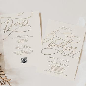 romantic gold and ivory all in one qr code wedding invitation