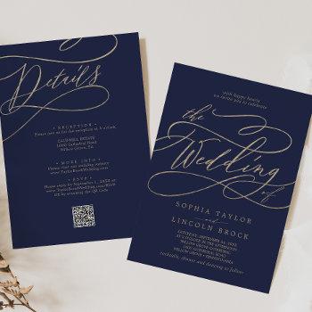 romantic gold and navy all in one qr code wedding invitation