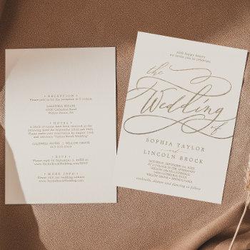 romantic gold calligraphy ivory all in one wedding invitation
