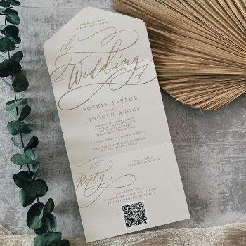 romantic gold calligraphy | ivory qr code wedding all in one invitation