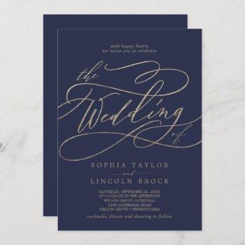romantic gold calligraphy navy all in one wedding invitation