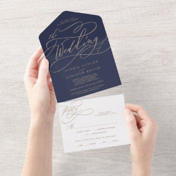 romantic gold calligraphy | navy the wedding of al all in one invitation