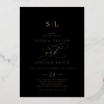 romantic gold foil | black monogram wedding foil invitation