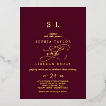romantic gold foil | burgundy monogram wedding foil invitation