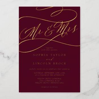 romantic gold foil | burgundy mr & mrs wedding foil invitation
