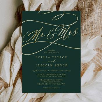 romantic gold foil | emerald mr & mrs wedding foil invitation