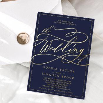 romantic gold foil | navy blue frame wedding foil invitation