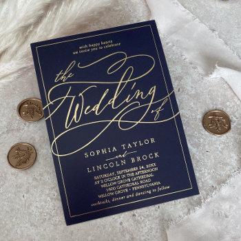 romantic gold foil | navy blue frame wedding foil invitation
