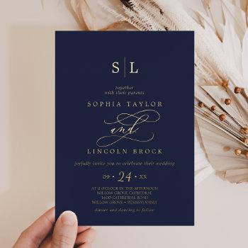 romantic gold foil | navy blue monogram wedding foil invitation