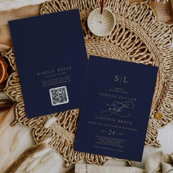 Small Romantic Gold Navy Monogram Qr Code Back Wedding Front View