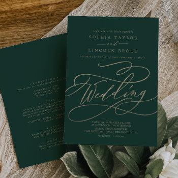 romantic green calligraphy details on back wedding invitation