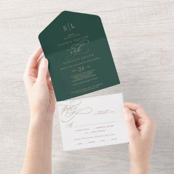 romantic green calligraphy monogram wedding all in all in one invitation