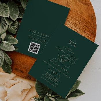 romantic green monogram front back qr code wedding invitation