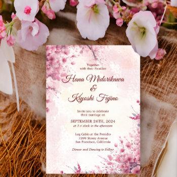 romantic japanese pink cherry blossom wedding invitation