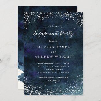 romantic navy blue silver engagement party invitation