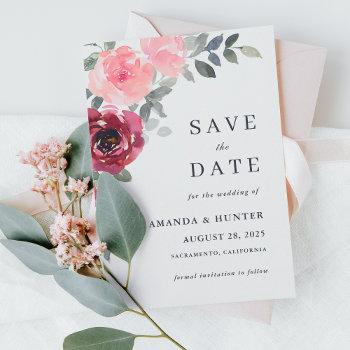 romantic pink and burgundy floral save the date invitation