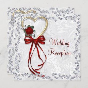 romantic rose, diamonds & red ribbon wedding invitation