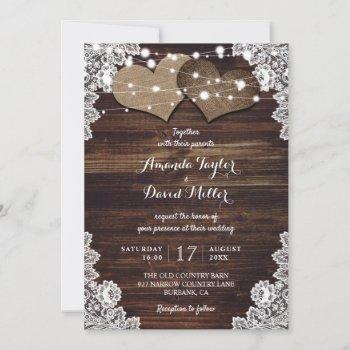 romantic rustic wood burlap and lace wedding invitation