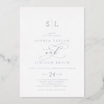 romantic silver foil calligraphy monogram wedding foil invitation