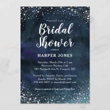 romantic stars navy blue silver bridal shower invitation